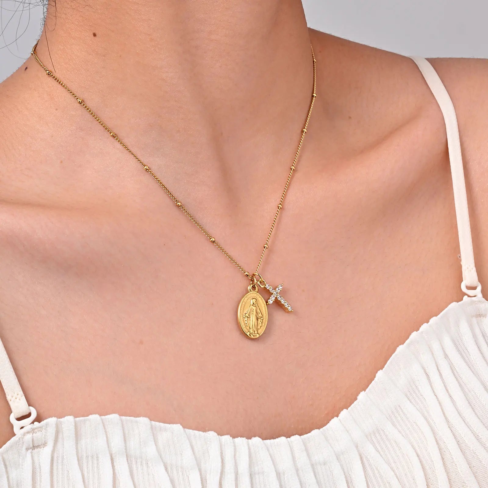 Zircon Cross Virgin Mary Pendant Necklace for Women,Stainless Steel Gold Plated Bead Chain Necklace, Religious Prayer Jewelry