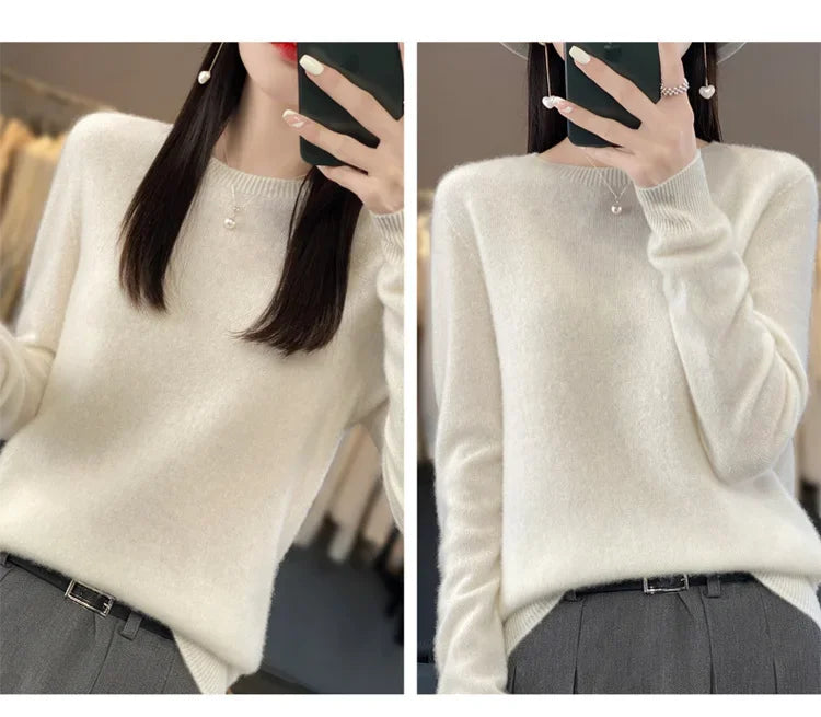 Elegant Crew Neck Knitwear Women's Long Sleeve Wool Sweater Simple Quality Base Layer Shirt Versatile Fashionable Chinese Brand