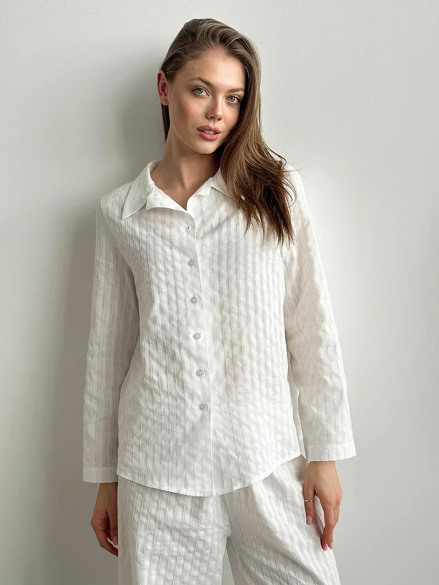 Blubelle 100% Cotton Cardigan Pants Pajama Set 2025 New Style Lapel Long Sleeved Long Pants Pajama Women's Casual Set