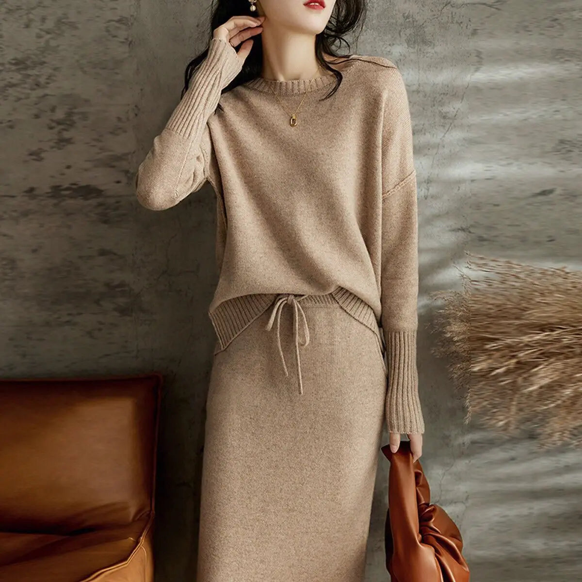 Skirt Suit Women Knitting 2 Piece Set Pullover Sweater Knitted Skirts Jumpers Autumn Winter Ensemble Vintage Knitwear Outfits