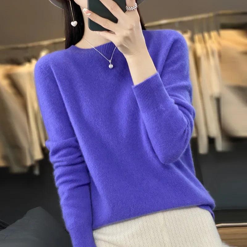 Elegant Crew Neck Knitwear Women's Long Sleeve Wool Sweater Simple Quality Base Layer Shirt Versatile Fashionable Chinese Brand