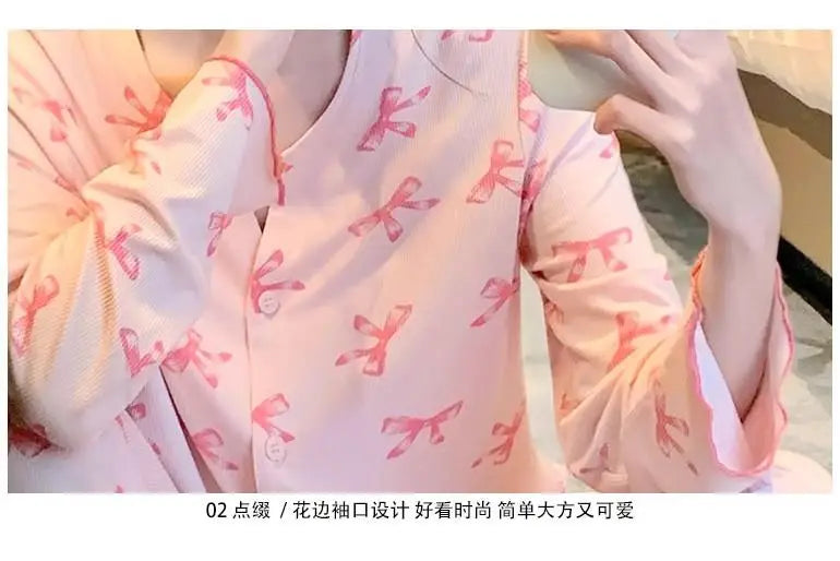 ElyraLux Women Night Wear Long Sleeves Pink Loungewear Leisure Sleepwear V-neck Two-Piece Set Bowknot Home clothing M-3XL