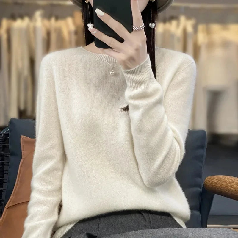 Elegant Crew Neck Knitwear Women's Long Sleeve Wool Sweater Simple Quality Base Layer Shirt Versatile Fashionable Chinese Brand