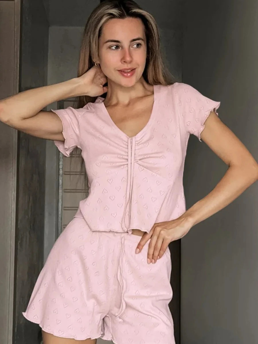 Blubelle Drawstring Short Sleeved Shorts Pajama Set Summer New Jacquard Pajamas women's Home Clothes Shorts 2-piece Set