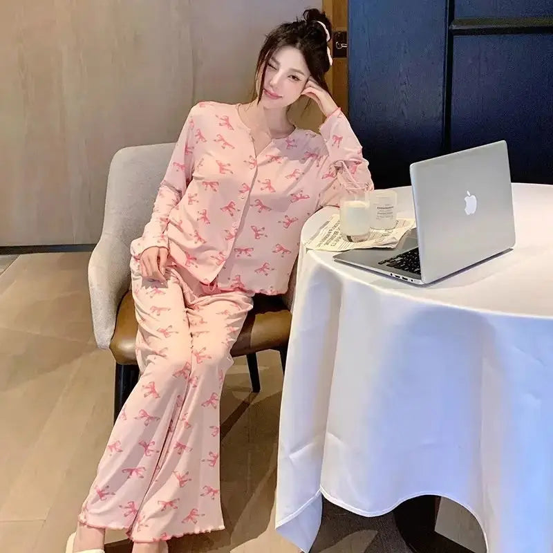 ElyraLux Women Night Wear Long Sleeves Pink Loungewear Leisure Sleepwear V-neck Two-Piece Set Bowknot Home clothing M-3XL