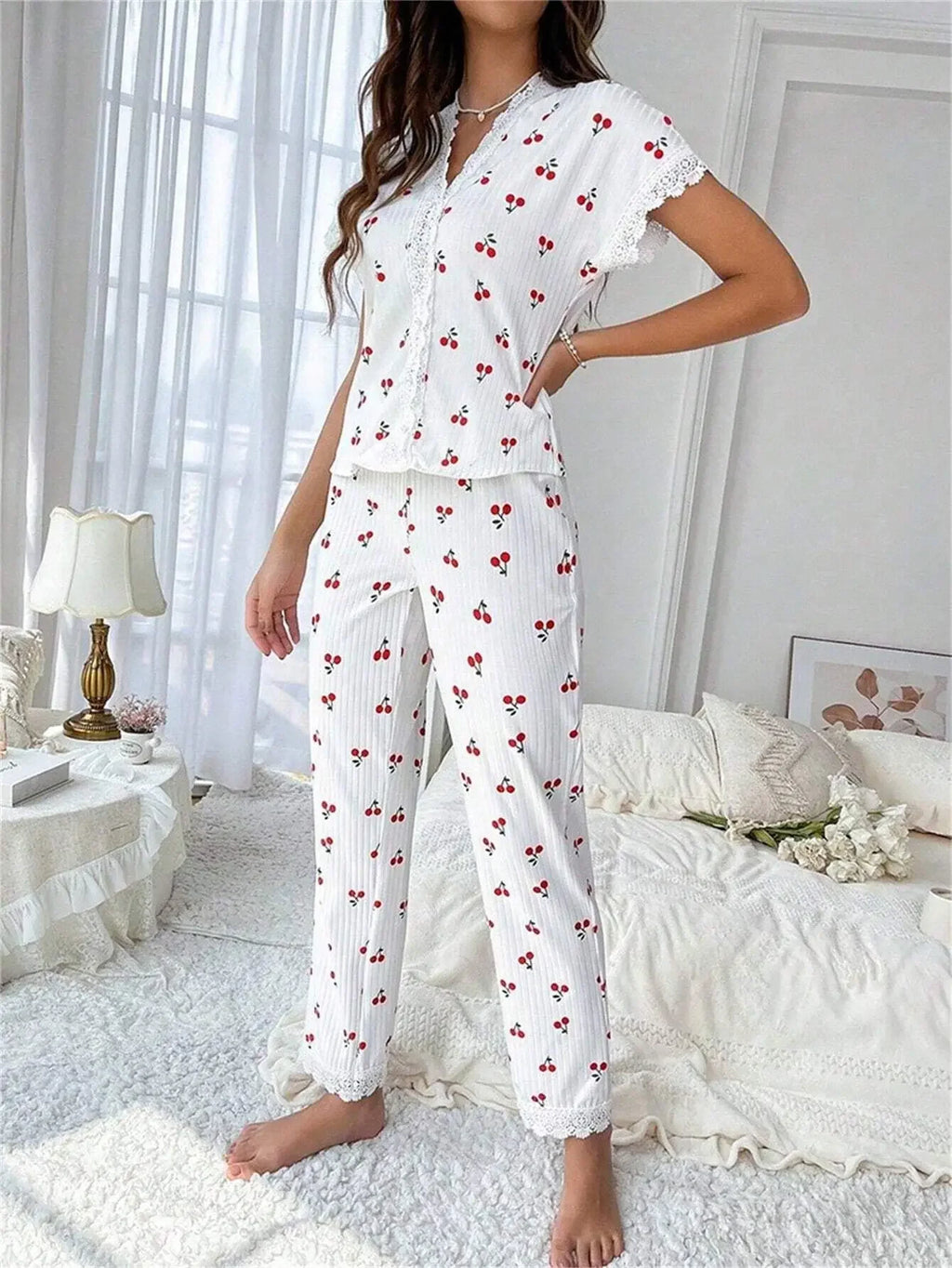 New Elegant Women's Pajamas Cherry Printed Lace Lace Decoration Button Short Sleeve Long Pants Loungewear Set
