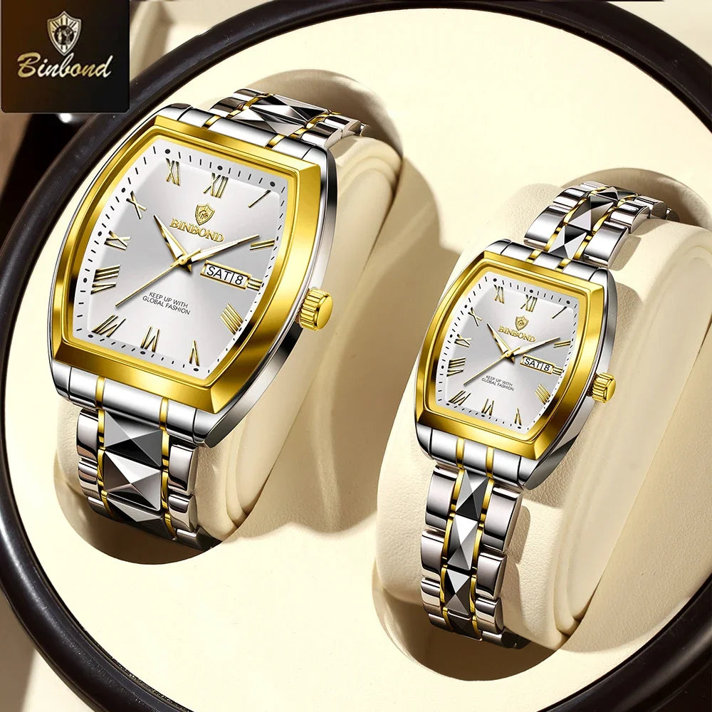 BINBOND 2pcs Couple Watches Fashion Square Quartz Watch for Lover Wateproof Luminous Date Week Men Ladies Valentine Wristwatch