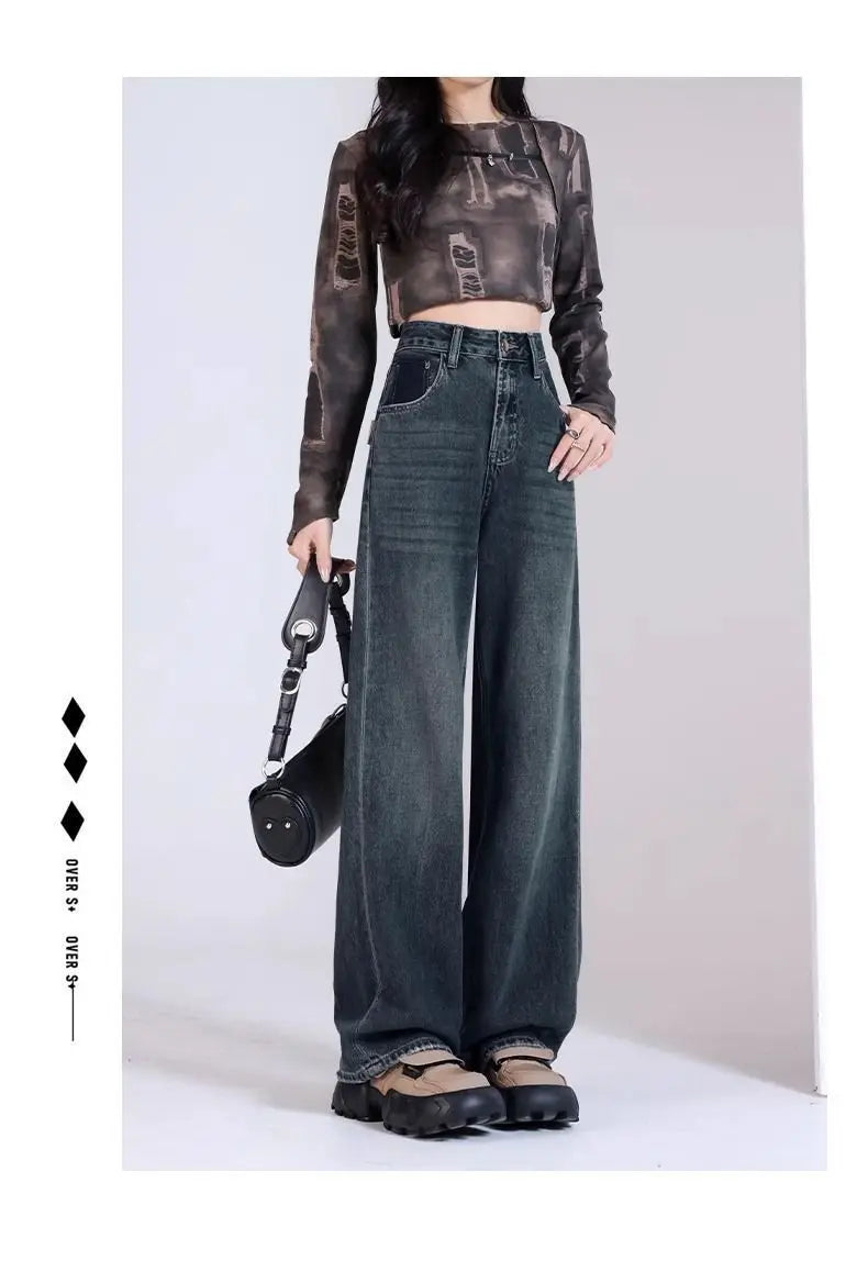 Womens Casual Straight Leg Jeans Loose Fit Denim Pants High Waist Light Blue Wide Leg Vintage Destroyed Autumn New Design