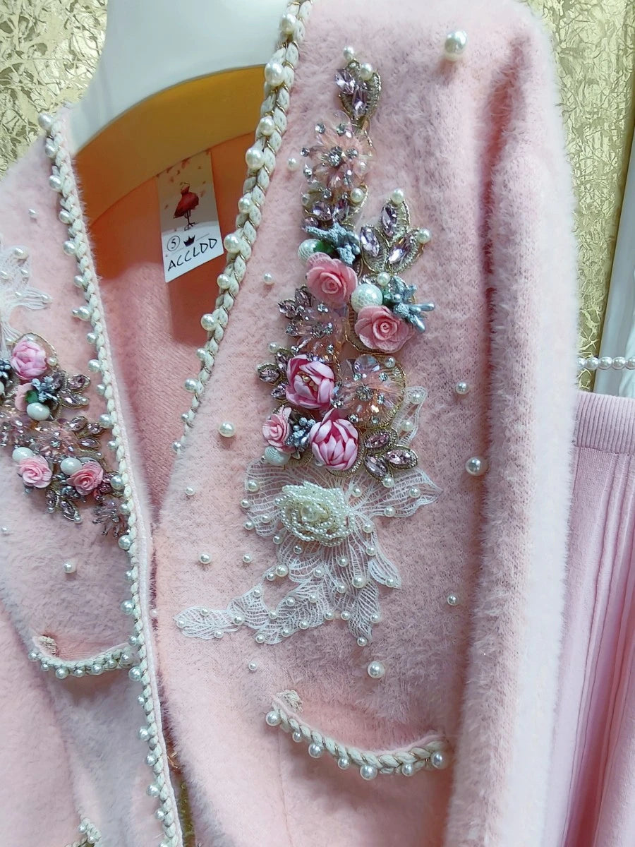 Luxury Style Flower Beaded Stitch Knitwear Faux Fur Cardigan Coat For Women V-neck Loose Pink Sweater Outwear Jacket