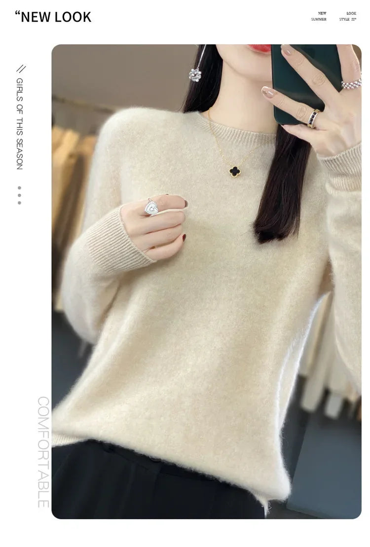 Elegant Crew Neck Knitwear Women's Long Sleeve Wool Sweater Simple Quality Base Layer Shirt Versatile Fashionable Chinese Brand