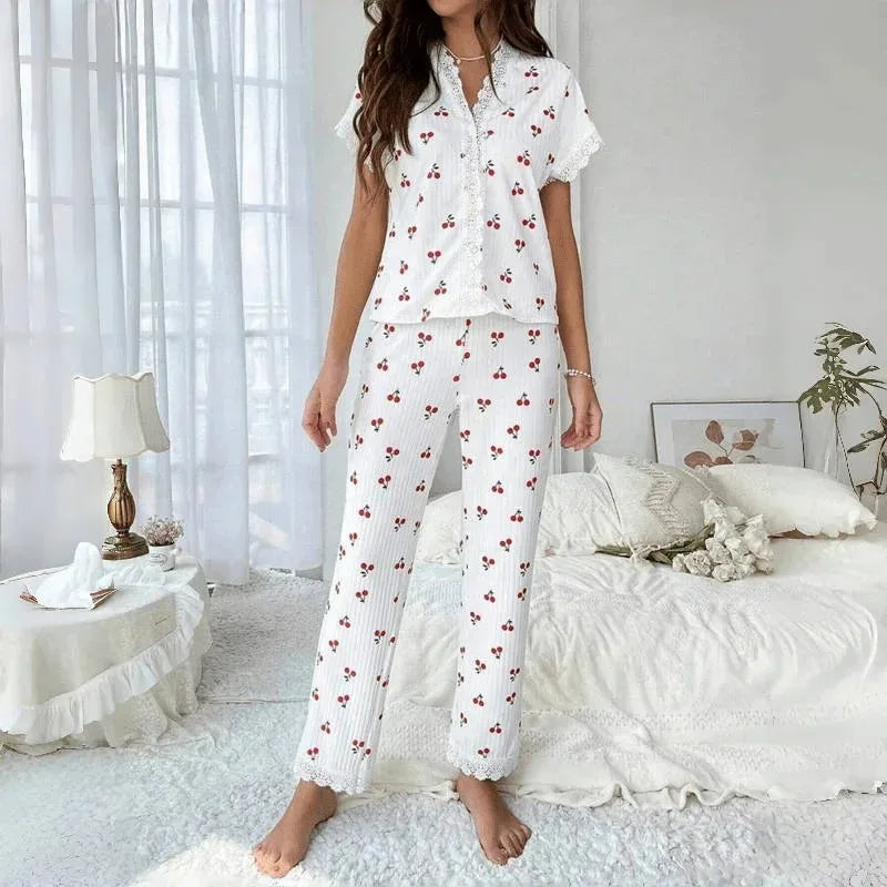 New Elegant Women's Pajamas Cherry Printed Lace Lace Decoration Button Short Sleeve Long Pants Loungewear Set