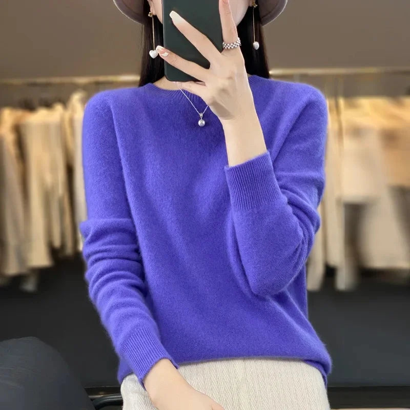 Elegant Crew Neck Knitwear Women's Long Sleeve Wool Sweater Simple Quality Base Layer Shirt Versatile Fashionable Chinese Brand
