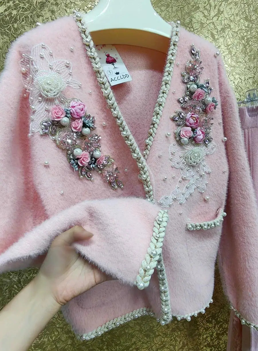 Luxury Style Flower Beaded Stitch Knitwear Faux Fur Cardigan Coat For Women V-neck Loose Pink Sweater Outwear Jacket