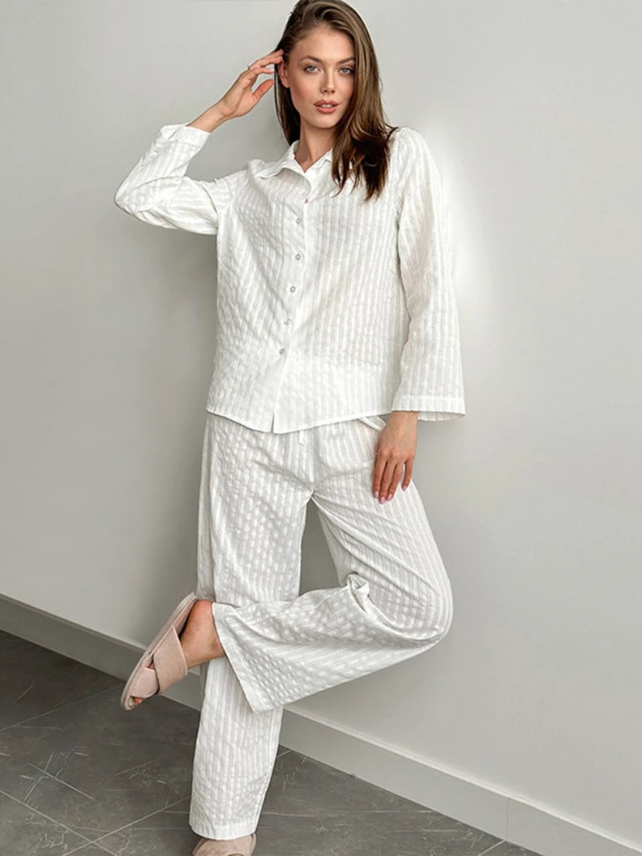Blubelle 100% Cotton Cardigan Pants Pajama Set 2025 New Style Lapel Long Sleeved Long Pants Pajama Women's Casual Set