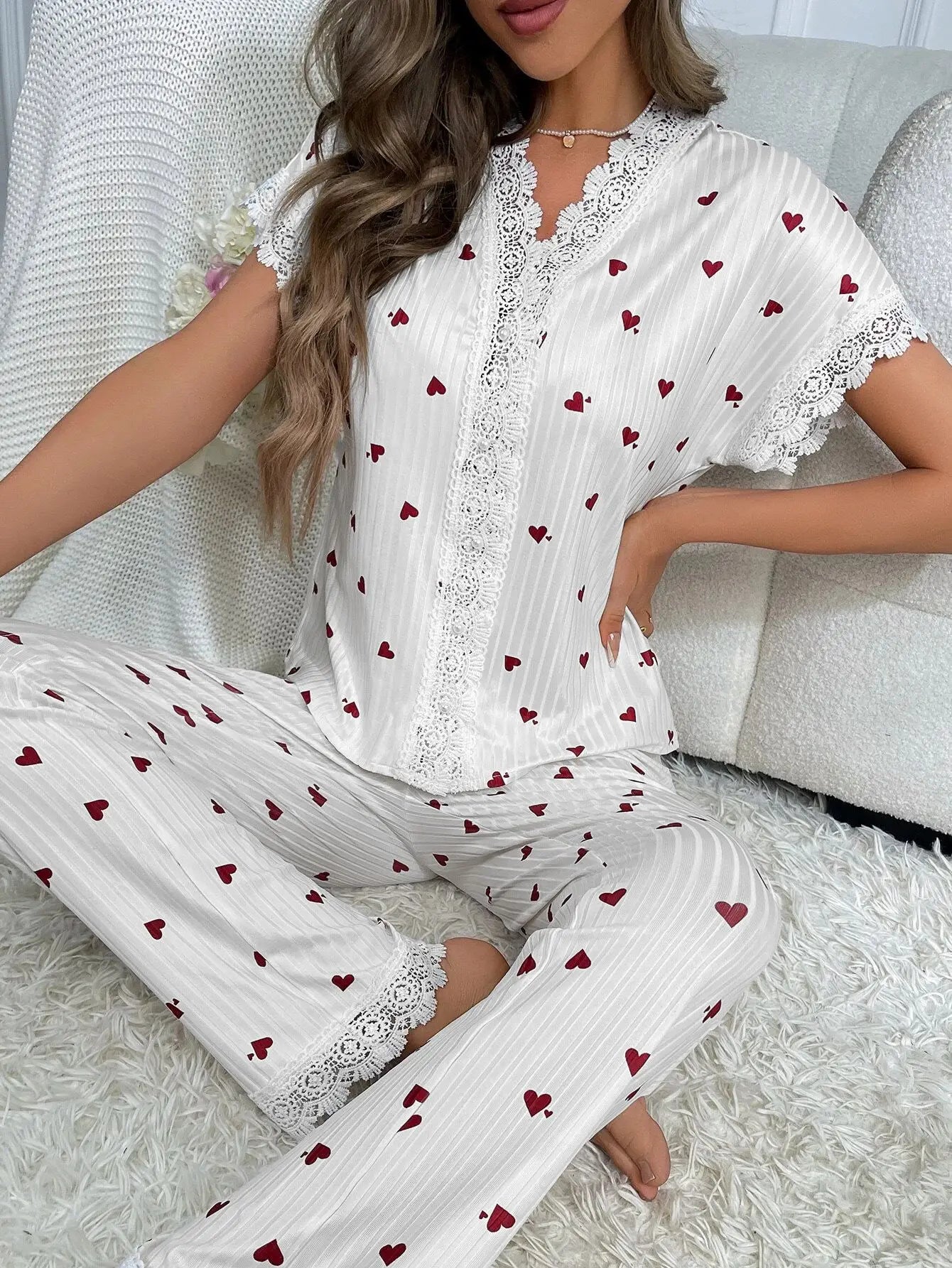 New Elegant Women's Pajamas Cherry Printed Lace Lace Decoration Button Short Sleeve Long Pants Loungewear Set