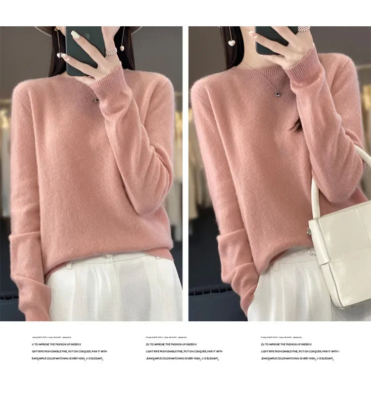 Elegant Crew Neck Knitwear Women's Long Sleeve Wool Sweater Simple Quality Base Layer Shirt Versatile Fashionable Chinese Brand