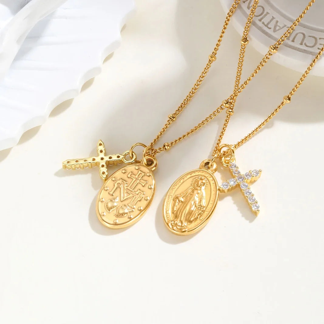 Zircon Cross Virgin Mary Pendant Necklace for Women,Stainless Steel Gold Plated Bead Chain Necklace, Religious Prayer Jewelry