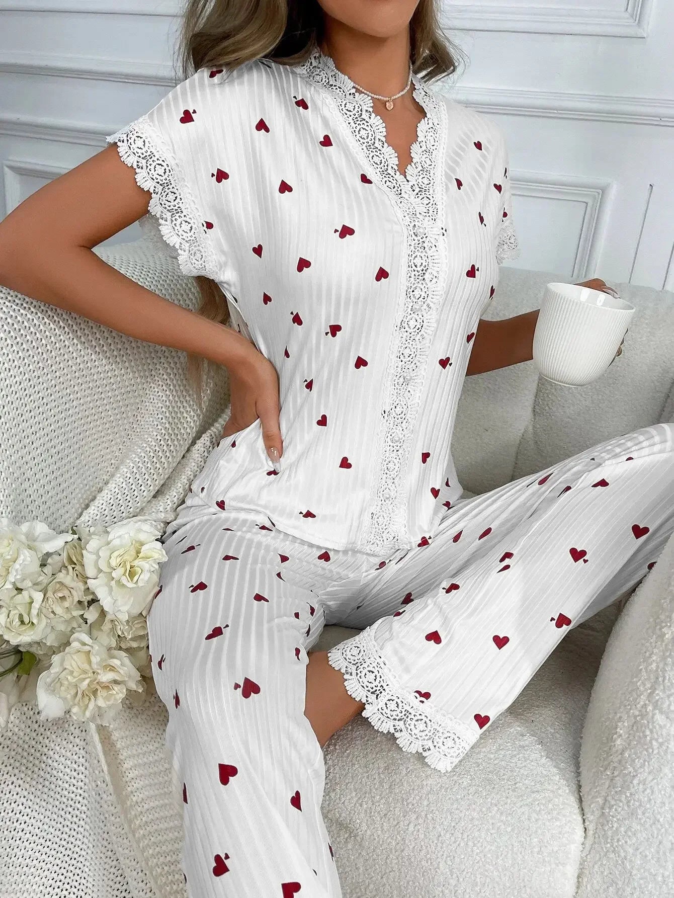 New Elegant Women's Pajamas Cherry Printed Lace Lace Decoration Button Short Sleeve Long Pants Loungewear Set