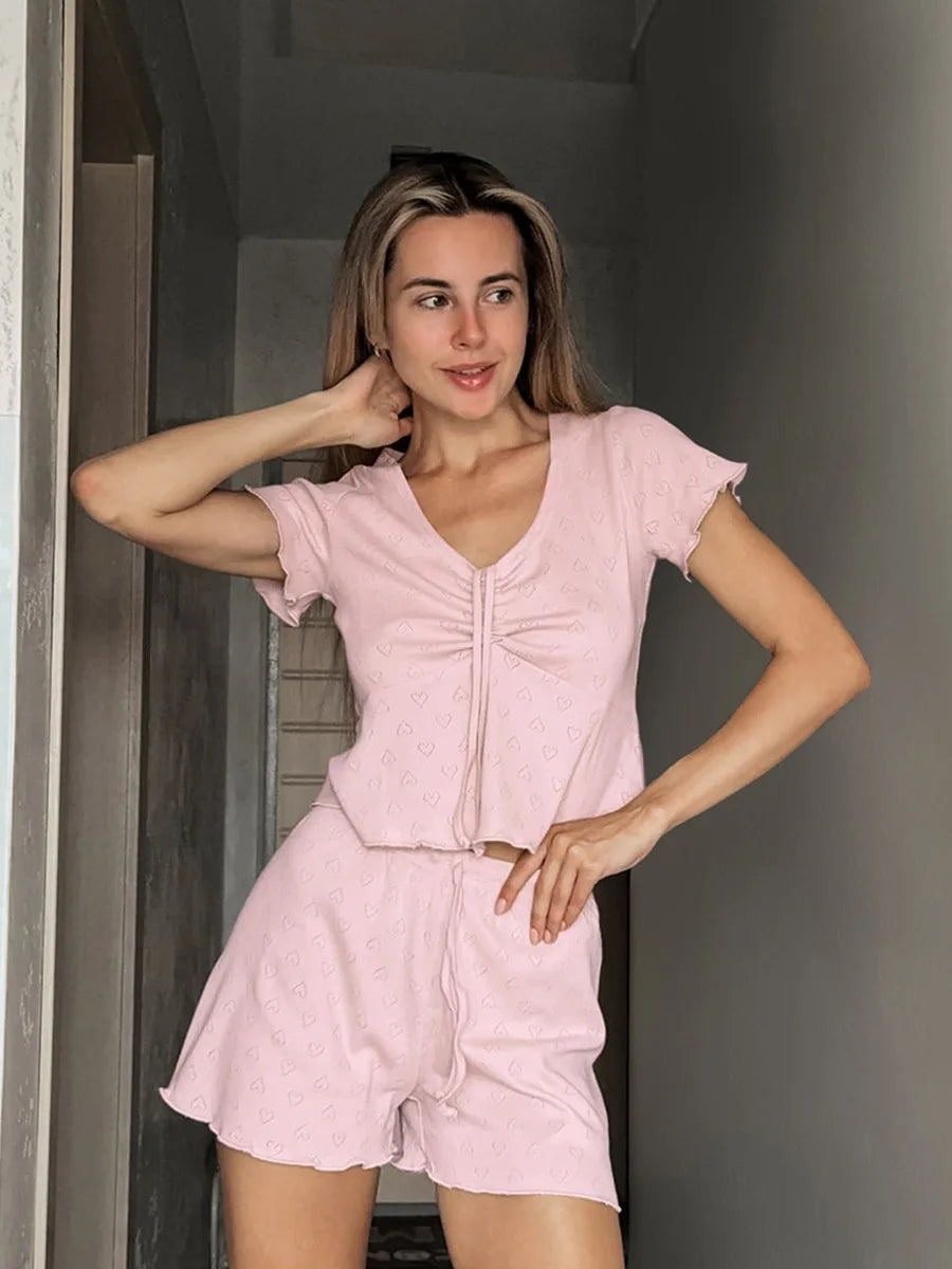 Blubelle Drawstring Short Sleeved Shorts Pajama Set Summer New Jacquard Pajamas women's Home Clothes Shorts 2-piece Set