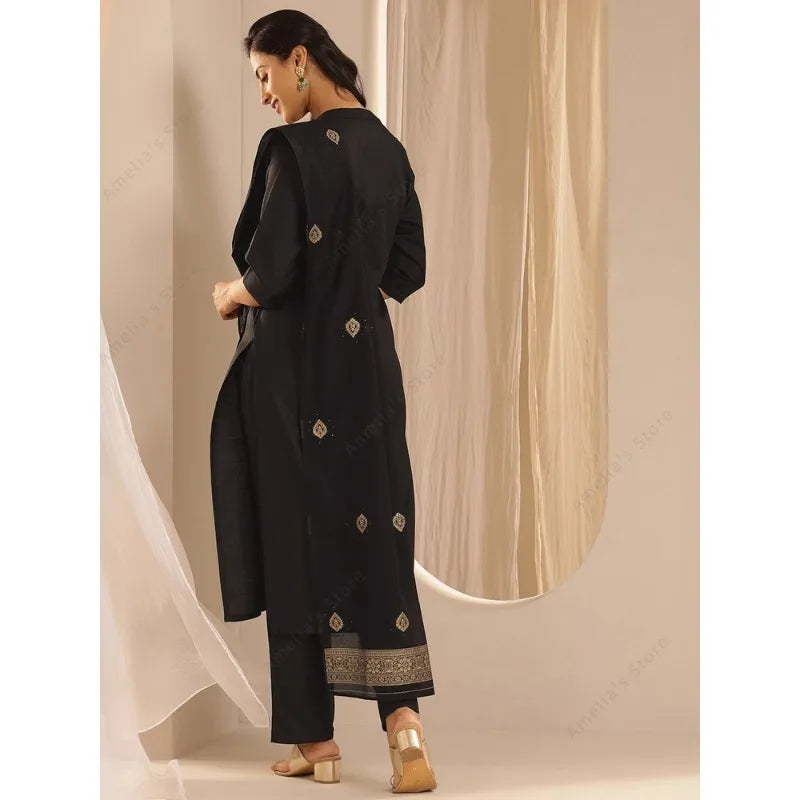 Women's Black Jacquard Kurta Pant Dupatta 3-PCS Set Elegant Indian Ethnic Suit for Festive Formal Wear Pakistani Dress