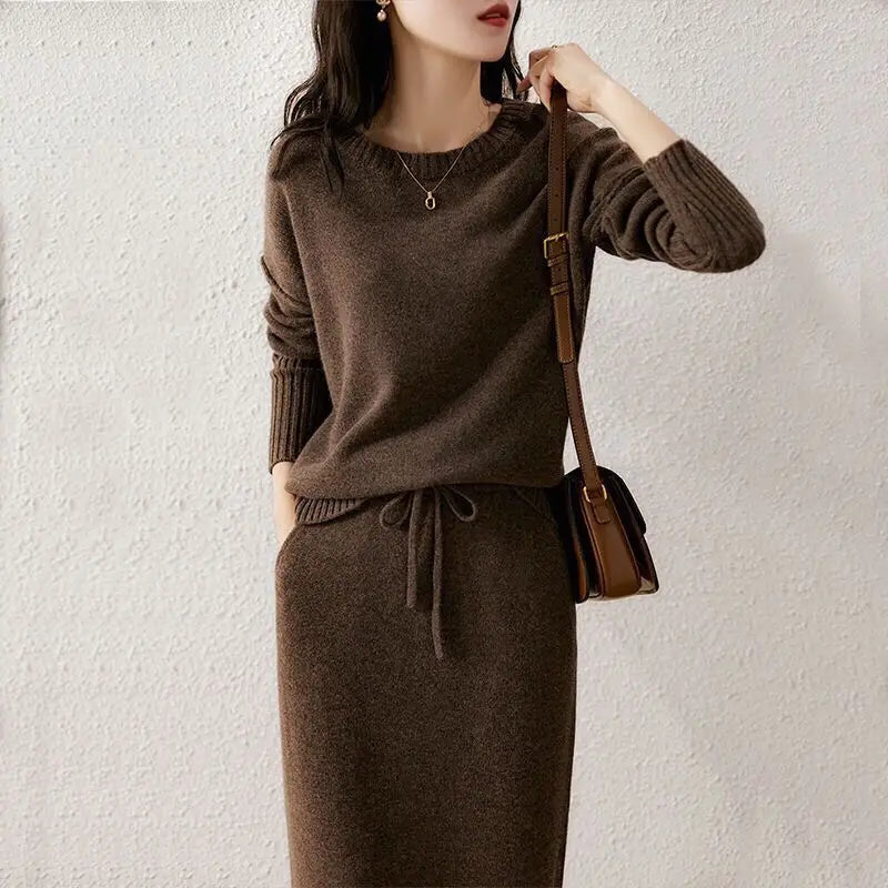 Skirt Suit Women Knitting 2 Piece Set Pullover Sweater Knitted Skirts Jumpers Autumn Winter Ensemble Vintage Knitwear Outfits
