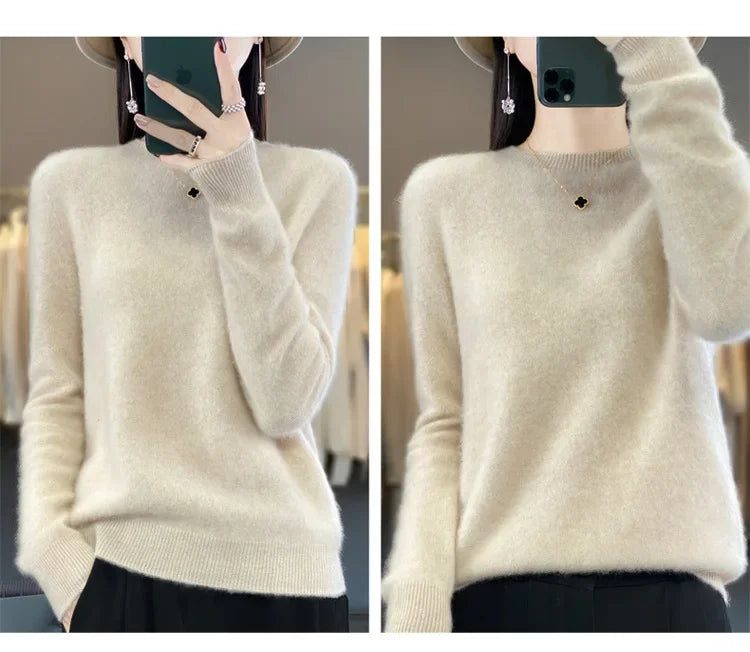 Elegant Crew Neck Knitwear Women's Long Sleeve Wool Sweater Simple Quality Base Layer Shirt Versatile Fashionable Chinese Brand