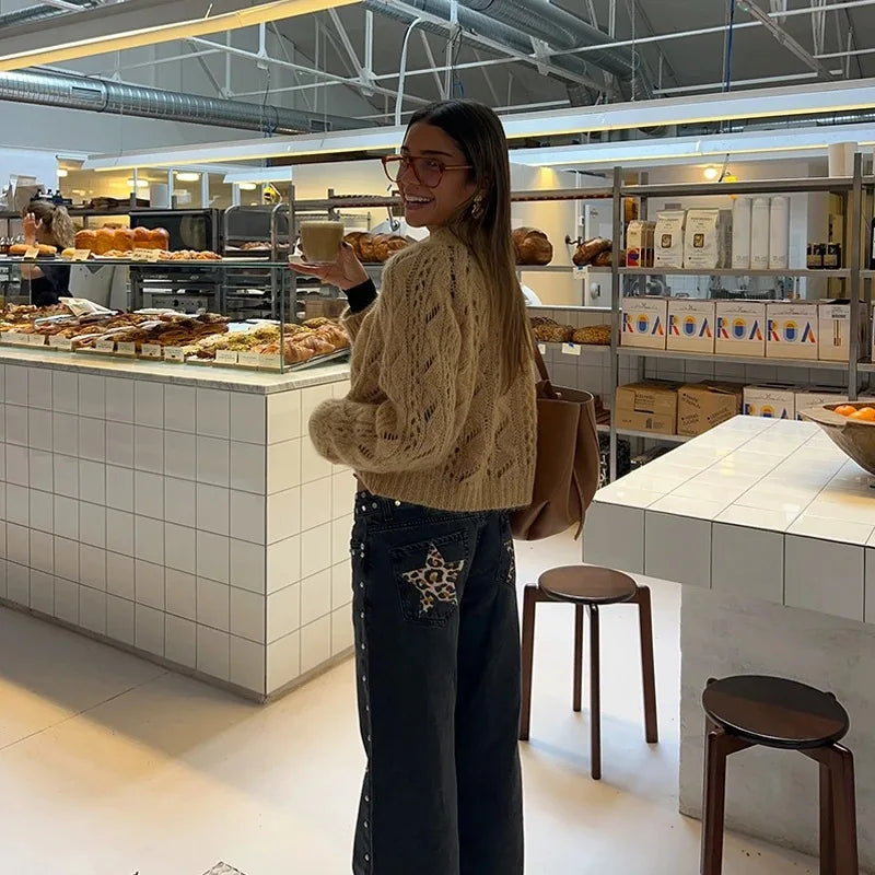 Y2K Vintage Jeans Flash Silver Star Pattern Metal Rivet Jeans Female Baggy Casual Straight Leg Denim Pants Simple Women Clothing