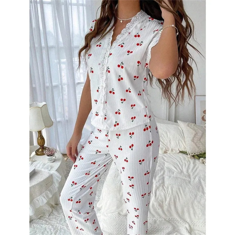 New Elegant Women's Pajamas Cherry Printed Lace Lace Decoration Button Short Sleeve Long Pants Loungewear Set