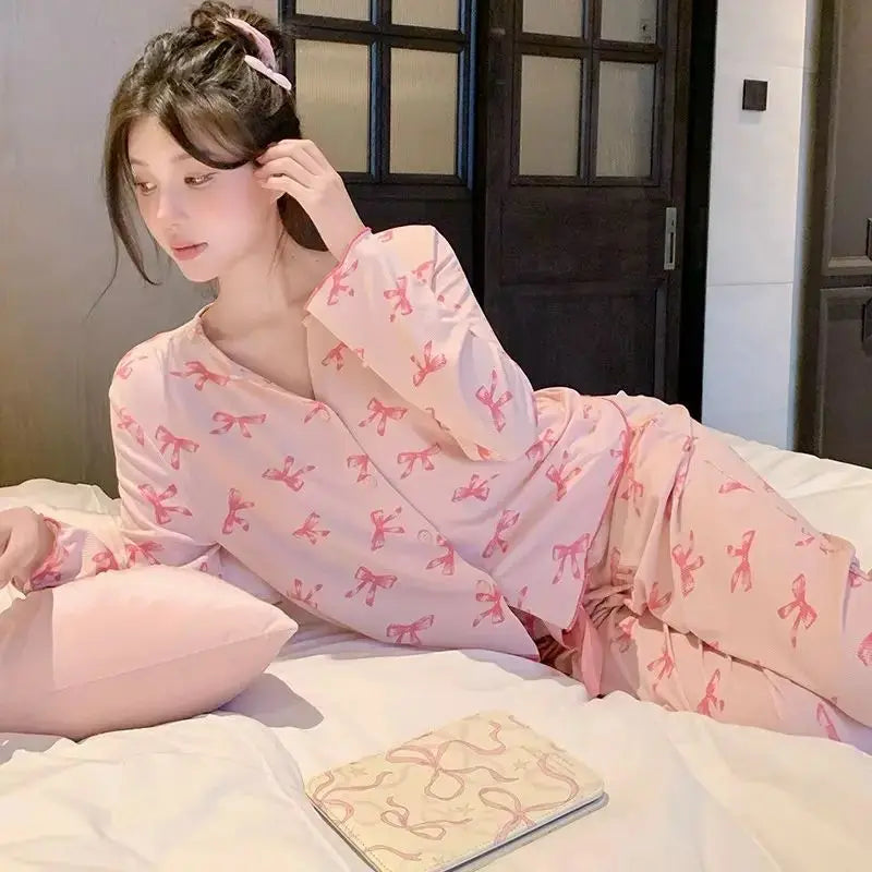 ElyraLux Women Night Wear Long Sleeves Pink Loungewear Leisure Sleepwear V-neck Two-Piece Set Bowknot Home clothing M-3XL