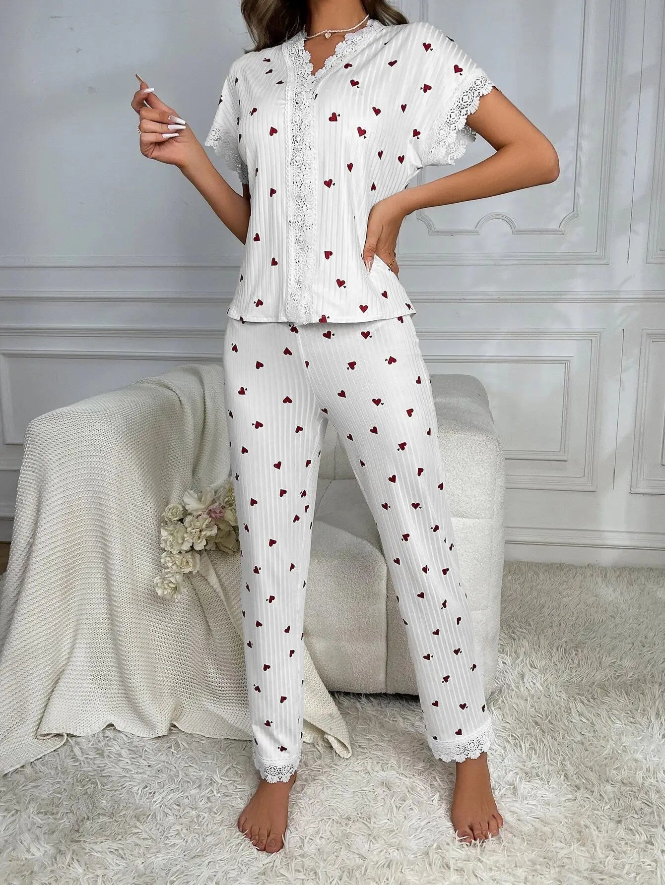 New Elegant Women's Pajamas Cherry Printed Lace Lace Decoration Button Short Sleeve Long Pants Loungewear Set